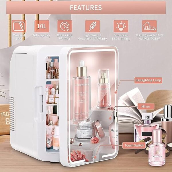 Mini Fridge 6 Liter Portable Beauty Makeup Skincare Fridge Cosmetics Refrigerator Compact Cooler Warmer for Bedroom, Office, Car, Dorm, Mirrored and Led Lighting Design AC/DC